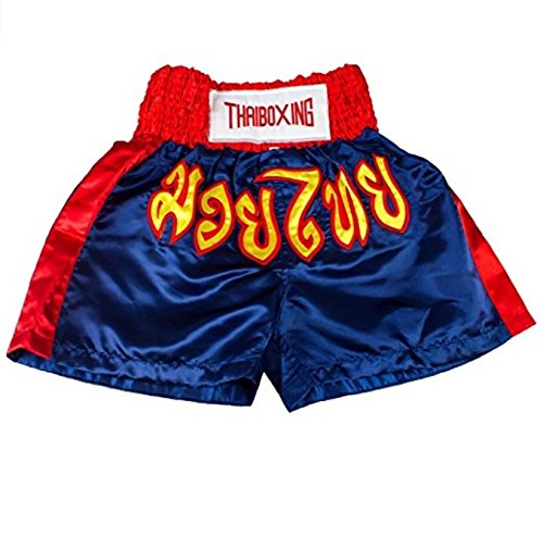 asmanjune Calção infantil de boxe Muay Thai Cetim, Azul escuro, M