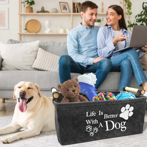 inheming Hundespielzeug Aufbewahrung, Filz Aufbewahrungsbox für Hundespielzeug, 38cm x 25cm x 18cm,Rechteck Aufbewahrungskorb für die Organisation von Haustierspielzeug, Decken, Leinen Grau