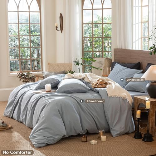 Image of MooMee Wavy Striped Duvet Cover Set 100% Washed Cotton Linen Like Textured Breathable Durable Soft Comfy (Cornflower Blue, King 104 inchx90 inch)