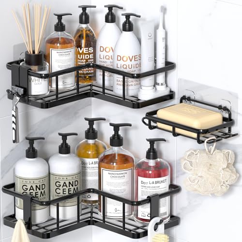 YASONIC Corner Shower Caddy Organizer, 3-Pack Self-Adhesive Rustproof Bath Shelves with Soap Holder & 4 Hooks, Large Capacity Shower Storage Rack for Bathroom Organization, Black