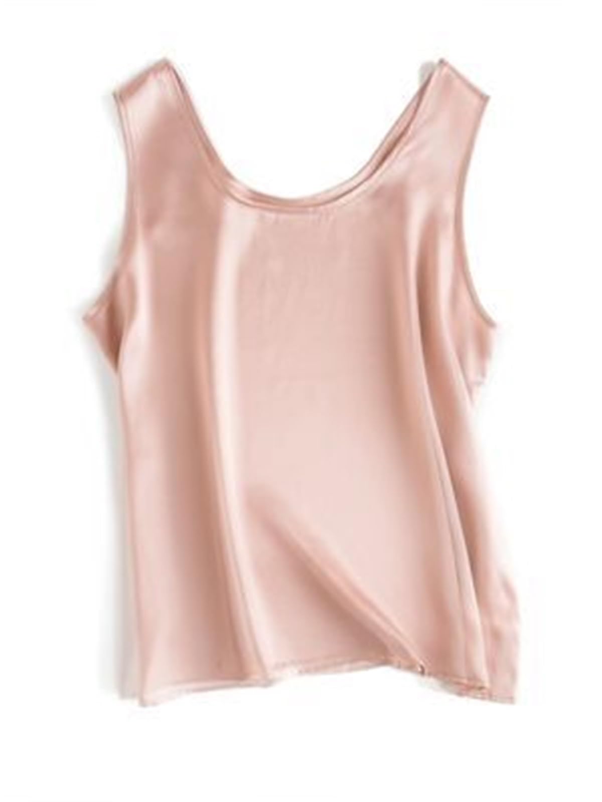 Tops Mujer Camisola Satén Camiseta básica y acogedora for Mujer, de Seda auténtica, sin Mangas con Cuello Redondo, Verano, Lisa(Nude Pink,XXL)