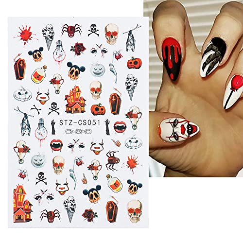 Autumn & Halloween Nail Stickers, 9 Sheets Skull Nail Decals 3D Self-Adhesive Fall Leaves Pumpkin Bat Ghost Spider Web Skeleton Pattern Nail Art Design For Thanksgiving Halloween Party #TOP1