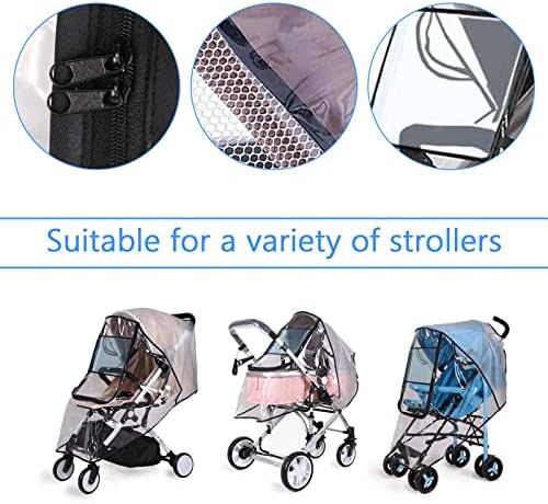 Universal Rain Cover for Pushchair Stroller, Food Grade EVA, Large Rain Cover for Pushchair Pram with Zip Water Resistant and Durable Transparent Baby Travel Weather Shield Fit Most Strollers (Black)