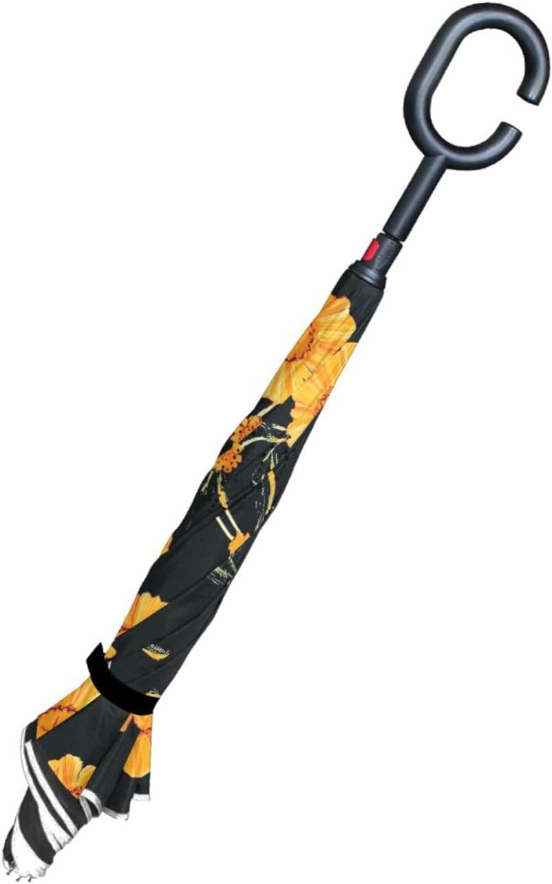 Chrysanthemum Flower Pattern Inverted Umbrellas for Rain Windproof Reverse Upside Down Golf Umbrella with C-shape Handle for Men Women