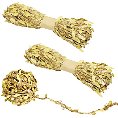 98 Feet 5MM Burlap Leaf Ribbon,YuCool Natural Wall Hanging Jute Vine Twine with Artificial Golden Leaves for Home,Garden,Packing Decorations and DIY Crafts Decor(3 Rolls)