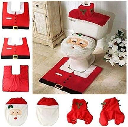 Generic Christmas Toilet Seat Cover Set with Smile Face Santa Design Soft Fabric Cloth Bathroom Mat and Toilet Lid Cover for Holiday Decoration (a) - 2
