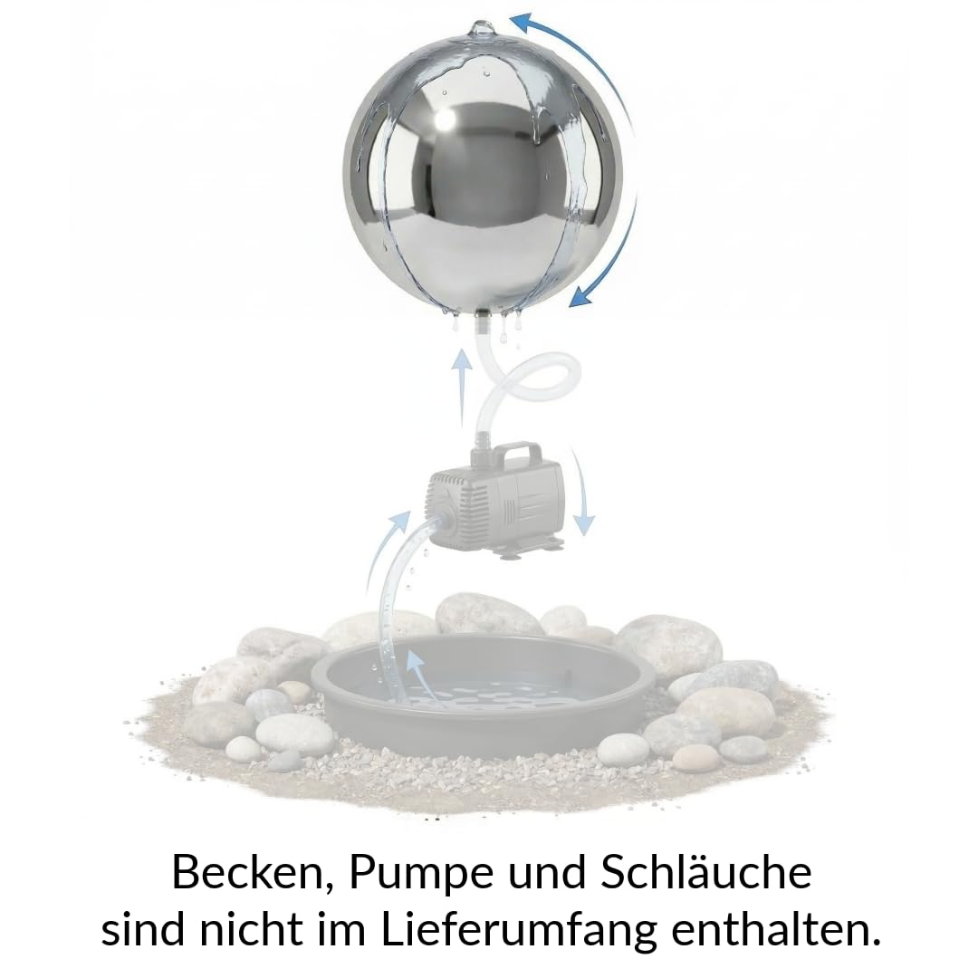 Kugelbrunnen aus Edelstahl D: 30 cm – Edelstahlkugel glänzend für Gartenbrunnen, Wasserspiel Garten, 30 mm Lochbohrung, 1/2 Zoll Schlauchanschluss, Edelstahlbrunnen für DIY Brunnenanlagen