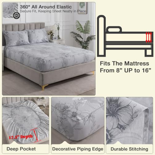 Image of Vintage Floral Bed Sheets Gray Percale King Size Deep Pocket 4Pcs | 100% Cotton Dark Flower Farmhouse Sheet Set, Soft Crisp Shabby Chic Toile Sheets, Cottage Core Bedding, Botanical Pattern