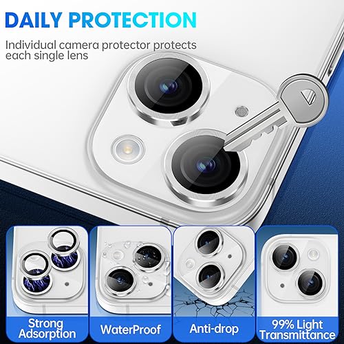 Image of Tempered Glass Camera Lens Protector Compatible For Iphone 15 /15 Plus,Individual Metal Ring 9H Hardness Scratchproof Protector,Stylish Accessories,Case Friendly(Silver)