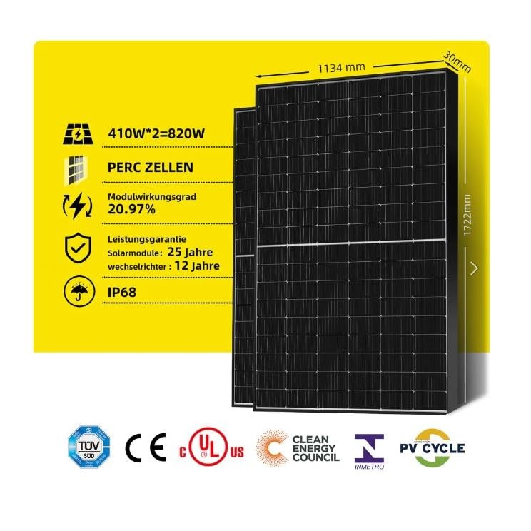 Estock1speed KIT PANNELLO SOLARE DA BALCONE FOTOVOLTAICO Plug&Play 820w Moduli solari 2x410W, +Inverter per sistemi AP EZ1-M +Cavo CA 10metri