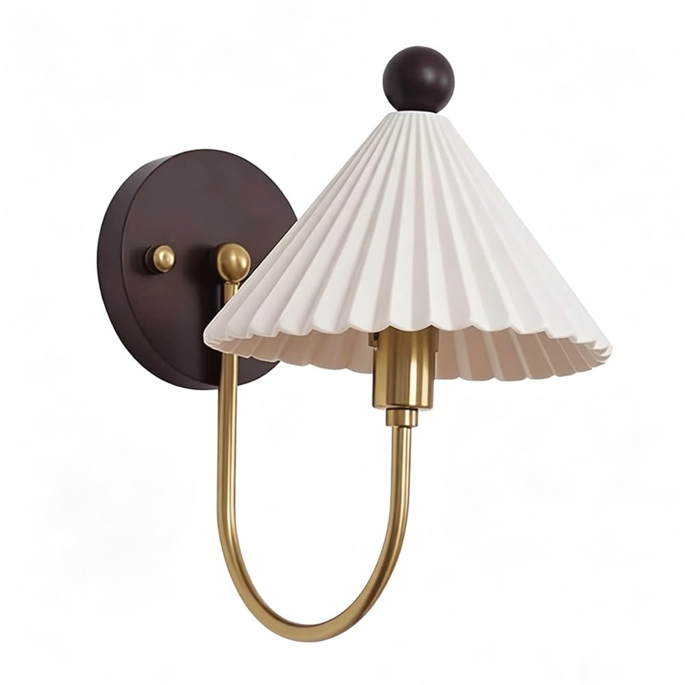 FEITENGDA Contemporary Gold Bedroom Wall Sconce Farmhouse Bedside Pleated Ceramic Hallway Wall Lamp Nordic Walnut Wood Wall Lighting Fixture for Hallway