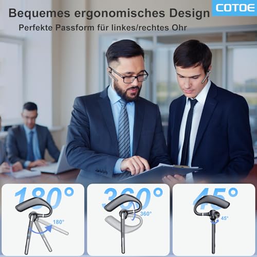 COTOE Bluetooth Headset V5.3, Kabelloser Ohrhörer mit 500 mAh Ladehülle, Freisprech-Kopfhörer, Geräuschunterdrückung, Mikrofon für Büro/Fahren/Business,Schwarz