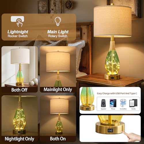 OYEARS 23" Table Lamps Set of 2,Farmhouse Lamps with Glass Nightlight, Bedside Lamps for Living Room, Rattan Lamps for Bedroom Nightstands, Two Light Points by OYEARS - Used condition - Image 3