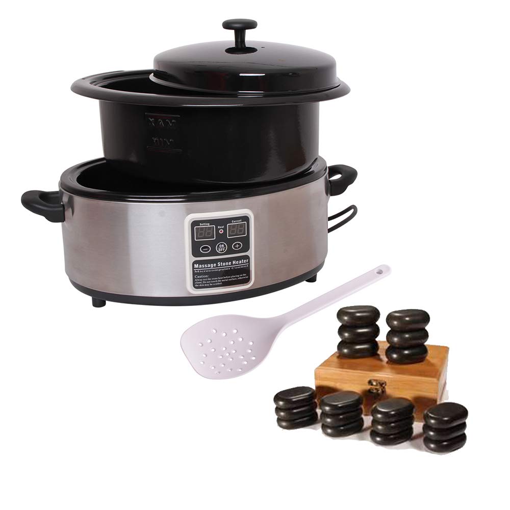 Hot Stone Set Pequeño calentador de 5,5 litros y 18 piedras calientes - Calentador profesional de piedras calientes de acero inoxidable para tratamiento térmico - Pantalla digital y apagado automático