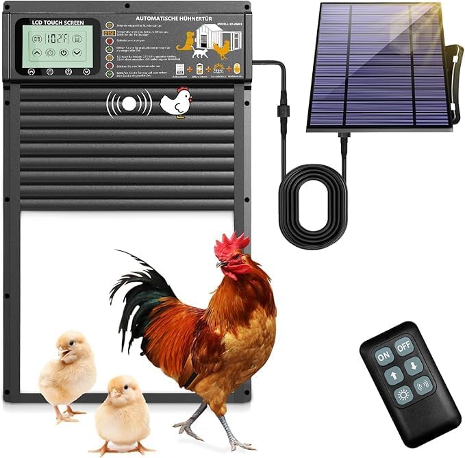 Produktbild von Automatische Hühnerklappe 30x25cm – Solar & USB, Mit Radar, Timer, Lichtsensor, Display & Fernbedienung, Wetterfest, Alu