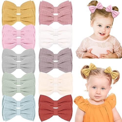 Oaoleer 20Pcs 3.5Inch Hair Bows Clips For Baby Girls, Neutral Linen Pigtail Bows Double Bun Ponytail Bow Hair Barrettes Accessories For Babies Infant Toddlers Kids In Pairs  cover