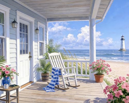 TFIAVSIN Premium Paint by Numbers Kit for Adults, Seaside Cottage with Lighthouse Painting Kit with Canvas & Acrylic Paints, Ocean Beach Landscape Art for Home Decor, 16x20 Inch