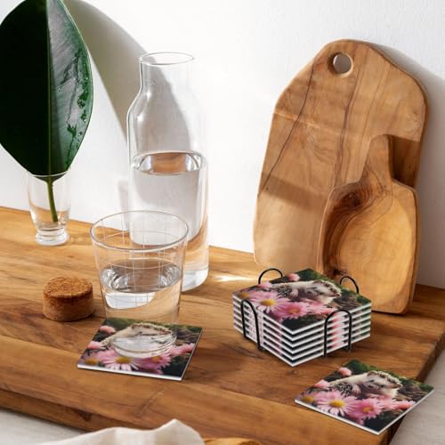 Dessous de verre en céramique lot de 6 avec support absorbant motif hérisson mignon - 7