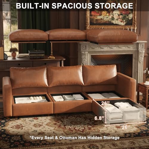 Image of Faux Leather Modular Sectional Sofa with Storage, Oversized Mid Century Modern Leather Sectional Couche for Living Room, Only Armrest, Camel