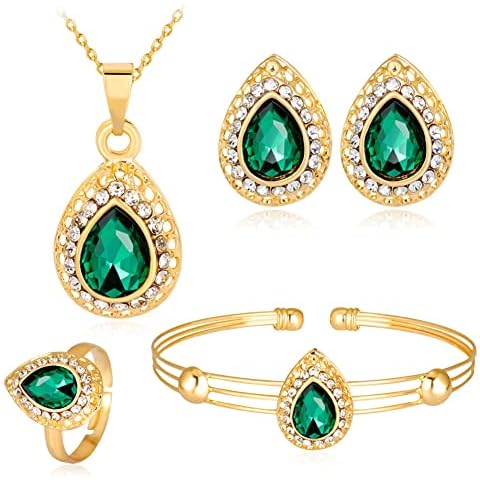 Wedity Bride Wedding Water Drop Crystal Necklace Earrings Bracelet Ring Set Gold Bridal Heart Pendant Choker Necklaces Jewelry for Women and Girls (Green) Cover