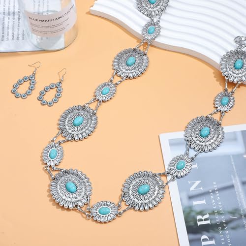 NEWITIN 3 Pieces Western Concho Belt for Women Cowgirl Waist Chain Belt Boho Turquoise Metal Chain Belts for Dresses Jeans4