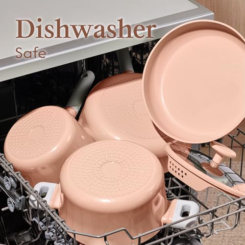 Image of CAROTE Pots and Pans Set Nonstick, Ceramic Cookware Set, Pink Cooking Set Kitchen Induction Set with Steamer, PFAS PTFE Free,9 Piece