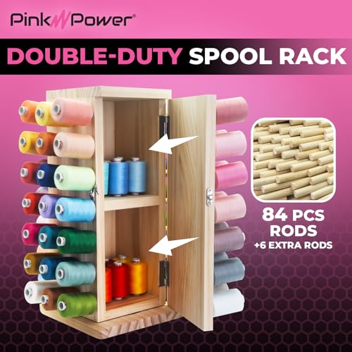 Pink Power 84 Spools Thread Holder Stand - 360 Full Rotating Wooden Thread Organizer -Embroidery Spool Holder Rack - Spool Storage Box for Sewing, Quilting, Jewelry, and Hair-Braiding