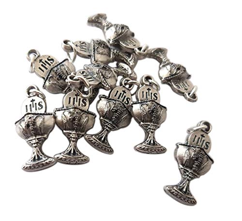 Mini Calice Première Communion - Pendentifs plaqué argent - Breloques pour des faveurs de bricolage - Bijou artisanal - Charm taille: 2 x 1,1 x 0,5 cm - 10...