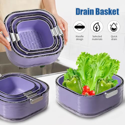 Image of 3-in-1 Vegetable Washing Basket with Drain Tray Set of 3 | Kitchen Strainer & Colander Bowl | Wash, Drain & Store Fruits, Pasta & Veggies | BPA-Free Durable Plastic (Purple)