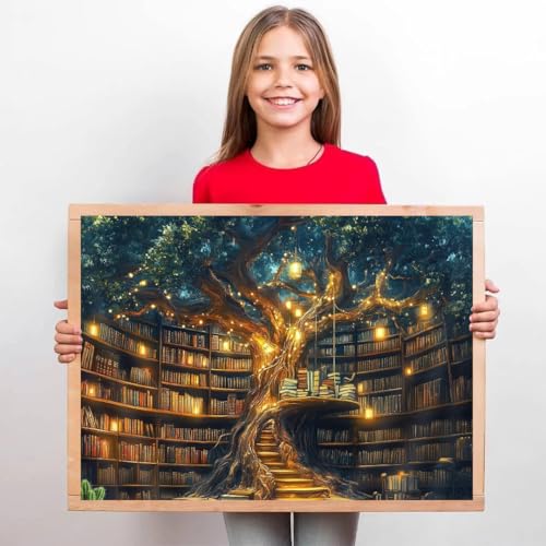 Image of Bookstore Stamped Cross Stitch Kits for Adults -Tree House Embroidery Kits for Beginners Adults,11 CT Patterns Dimensions Counted Cross Stitch Kits for Adults Arts Craft 12x16 inch