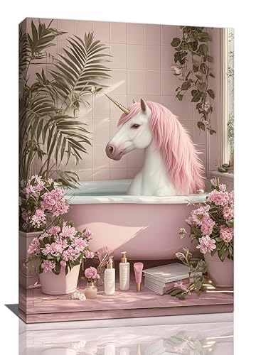 Pink Unicorn Bathroom Decor Wall Art Unicorn in Bathtub Canvas Prints Painting Cute Animal Bathing Pictures Artwork Home Decorations for Girls Restroom Framed Gifts 16"x24"