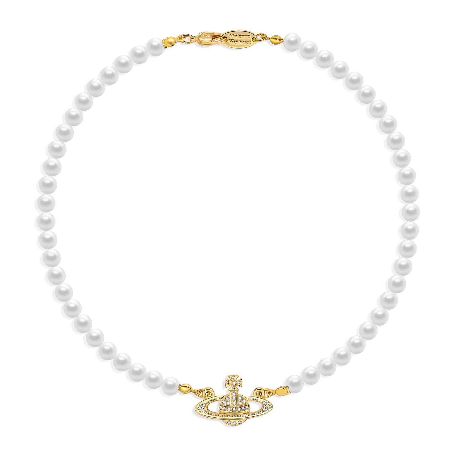 AputueAputue Saturn Pearl Necklace, Rhinestone Pearl Planet Necklace, Artificial Crystal Bead Saturn Necklace for Women, Retro Jewelry Gifts for Wife Girlfriend Valentine's Day Birth Anniversary (Gold)