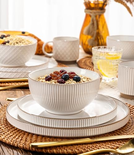 Image of GBHOME Stoneware Dinnerware Sets Service for 4, 12 Piece Embossed Plates and Bowls Set, Elegant Ceramic Dish Set, Chip Resistant, Microwave & Dishwasher Safe, Off white(stackable)