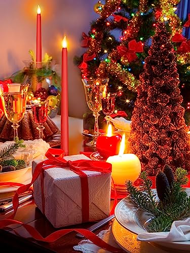 Image of Funtery 48 Pcs Flameless LED Taper Candles Battery Operated Candles Bulk Realistic LED Candlesticks Flickering for Wedding Church Party Home Decor(Red,11 Inch,Classic Style)