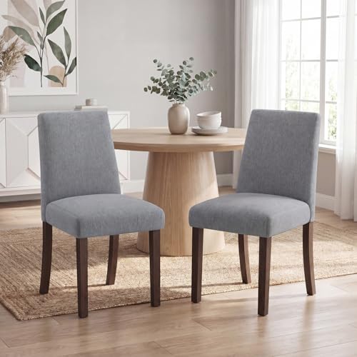 Image of Upholstered Dining Chairs Set of 2, Mid-Century Dining Room Chairs with Wooden Legs, Farmhouse Fabric Parsons Chairs for Small Space Restaurant & Cafe- Gray