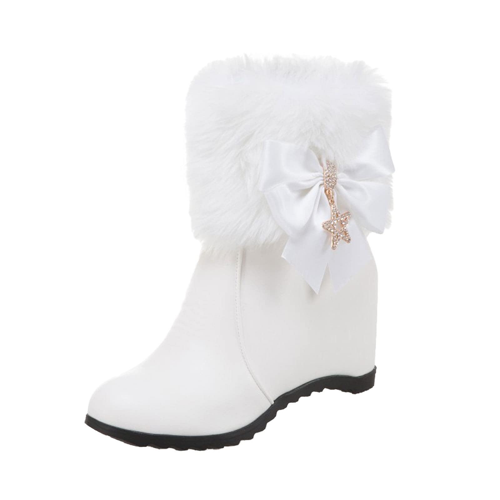 Scarpe Donna Stivali 2026 Cerniera Laterale Decorativa con Fiocco in Pelle Moda all'Interno Corti Cotone Tacco A Zeppa Anfibi Neri Pelo