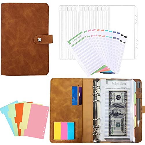 A6 Carpeta Archivadora con 6 Anillas, a6 Archivadores con anillas Binder Sleeves, Cuaderno Clasificador Portátil de PU para Organizar Documentos, Facturas, Cheques (Marrón) Cover