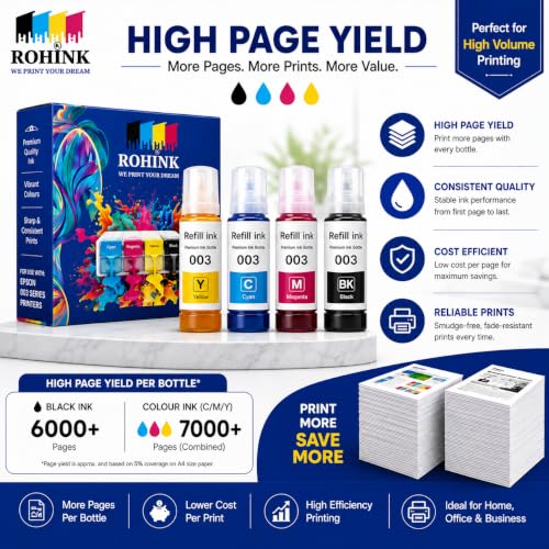 Image of ROHINK 003 Compatible Refill Ink for Epson L3110, L3150, L3250, L3252, L3115, L3116, L3101, L3210, L3215, L3216, L3151, L3152, L3156, L5190 Printers (Multicolor Pack 4)