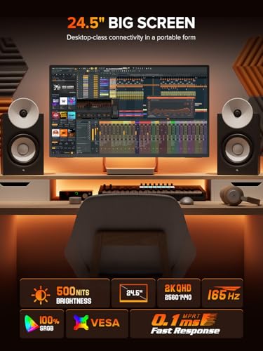 Image of UPERFECT 24.5 inch 2K 165Hz Portable Monitor, QHD IPS Gaming Display | 500 Nits, 0.1ms Response, FreeSync, HDR, VESA Support, Stand Included, USB-C & Mini HDMI External Screen for Laptop & Console