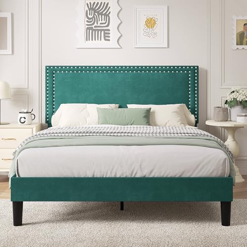 Image of VECELO Full Size Platform Bed Frame with Height Adjustable Upholstered Headboard, Modern Mattress Foundation,Strong Wood Slat Support, No Box Spring Needed, Easy Assembly,Dark Green