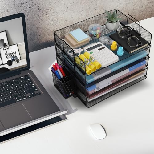 Cinnani Stapelbare Briefablage Mit Stifthalter aus Metall,4Etagen,Dokumentenablagen,A4Ordnern,Briefen,Papier,Metall Schreibtisch Organizer Tablett (Schwarz)