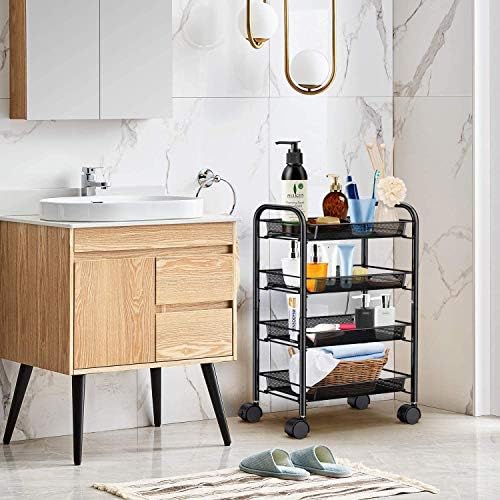 Rolling Metal Trolley Cart Mobile Utility Carts with 4 Steel Wire Shelves and Easy Glide Caster Wheels, Slide Out Mesh Storage Cart Storage Tower Rack Storage Shelves for Home Kitchen Bathroom Storage