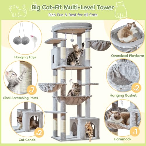 Taoqimiao 72 Inch Cat Tree, XXL Cat Tower for Indoor Cats Large Adult 25Lbs+, Extra-Large Platform, 2 Cat Houses, 7 Scratching Post, Extra-Sized Durable Hammock, Cozy Basket, Light Gray, F20W by Taoqimiao - Image 2