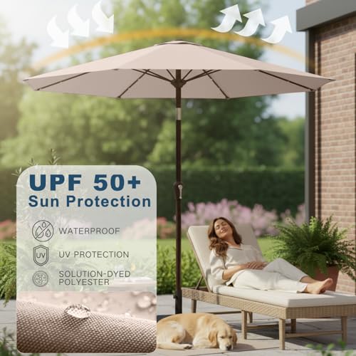 Image of 9' Solar LED Patio Umbrella with Tilt & Crank|8 Sturdy Ribs,UV Protection,Outdoor Market Table Umbrella for Deck,Lawn,Pool,Backyard(Beige)
