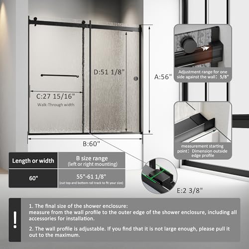 Image of Bathtub Sliding Door 60 inch W x 56 inch H, Tub Shower Door, Frameless Bypass Double Sliding Door Tempered Rain Glass with Explosion-Proof Film Stainless Steel Black