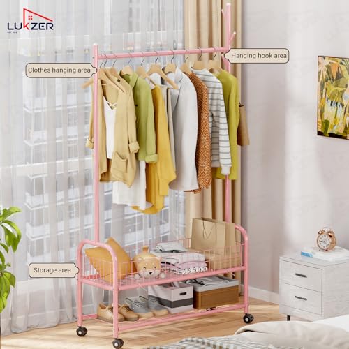 Image of Lukzer | MGR-002 | Pink | Metal Cloth Stand & Garment Rack with Wheels, 2 Bottom Shelves & Single Rod - Space-Saving Clothes Organizer for Bedroom, Laundry, Entryway & More | 173 x 90 x 34 cm