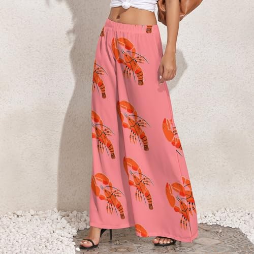 Palazzo Pants for Women - Lobster Print Red Womens Wide Leg Baggy Pants, Comfy Casual Lounge Pants2