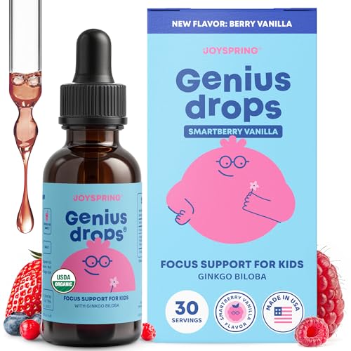 JoySpring Genius Drops Smartberry Vanilla | Herbal Focus Support for Kids with Ginkgo Biloba, Licorice Root, Gotu Kola Extract, Peppermint Leaf | Liquid Formula|1fl oz (30 Servings)