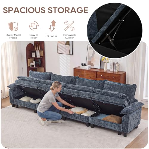 Image of IPKIG 151 inch Modular Cloud Couch with Storage, U Shaped Sectional Sofa with Ottoman & Pillow, Chenille Deep Seat Sectional Couches for Living Room, Apartment, Blue