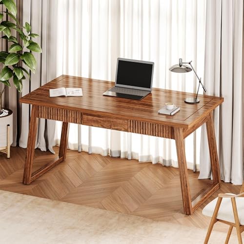 LITTLE TREE 55-Inch Home Office Desk with Drawer, Modern Minimalist Style Wooden Simple Study Writing Table, Mid-Century Log Executive Desk, Computer Desk, PC Laptop Desk Workstation, Walnut Brown
